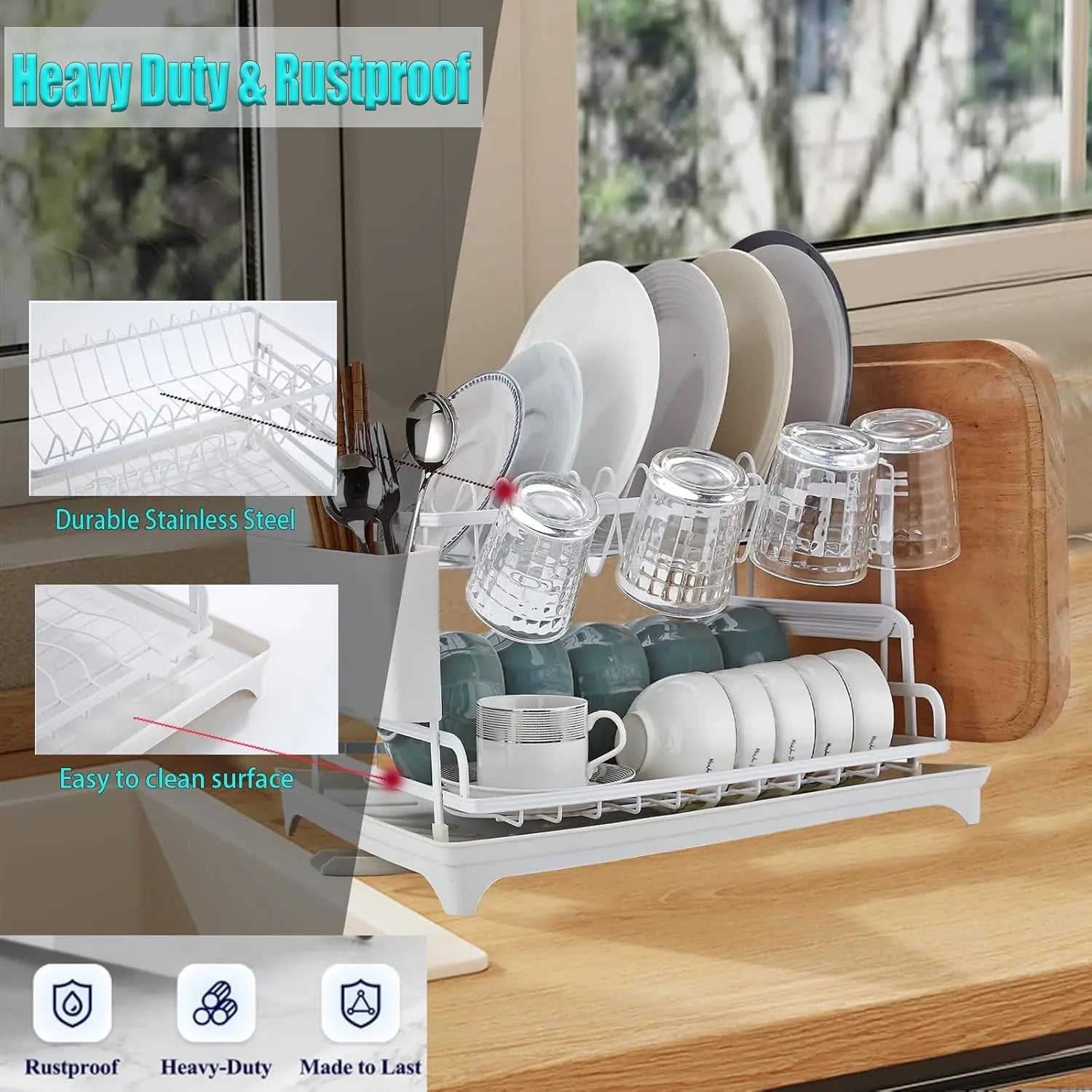 2-Tier Dish Drying Rack with Drainboard — Self-Draining, Rustproof