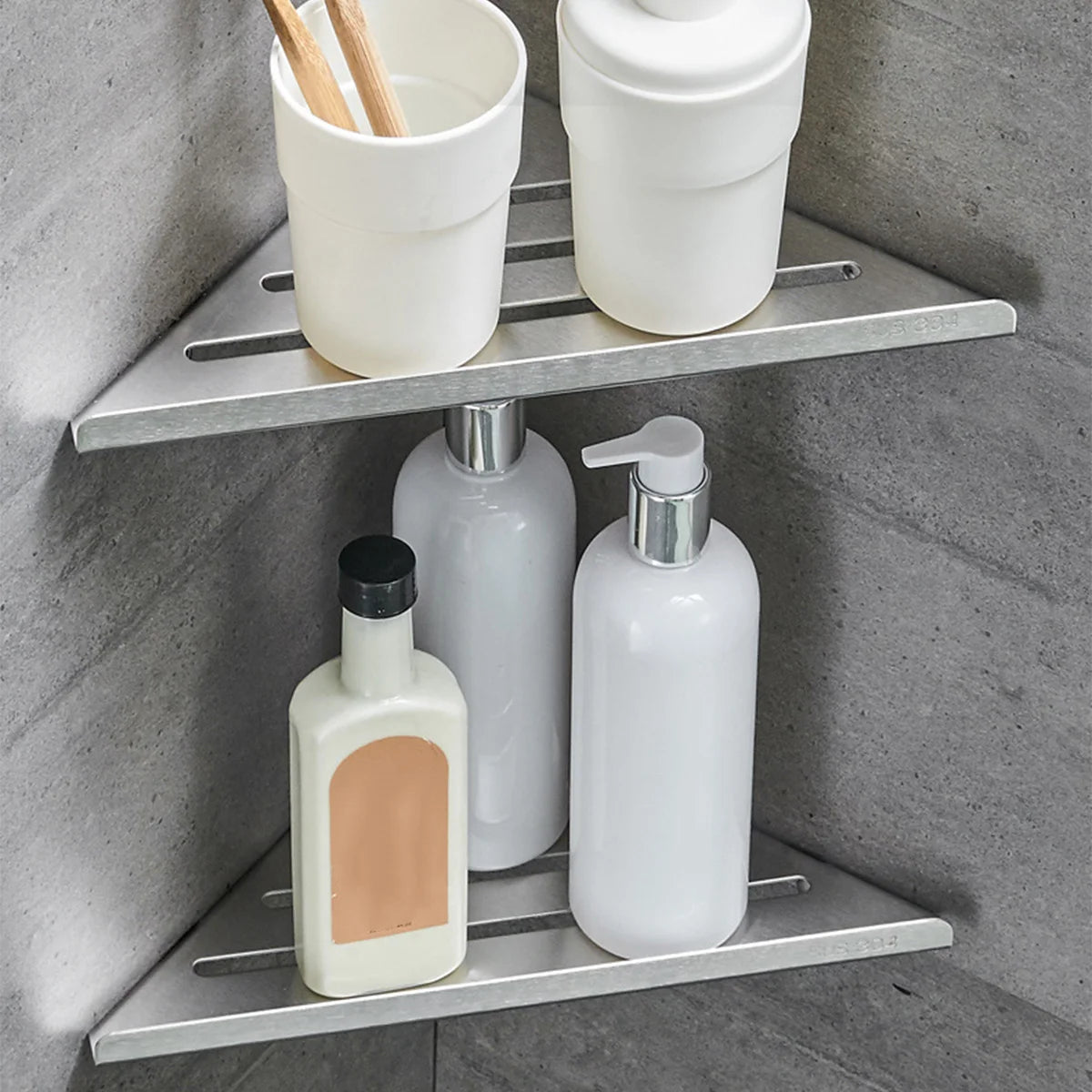304 Stainless Steel Corner Shower Shelf — No-Drill, Double Tier, 31×21cm
