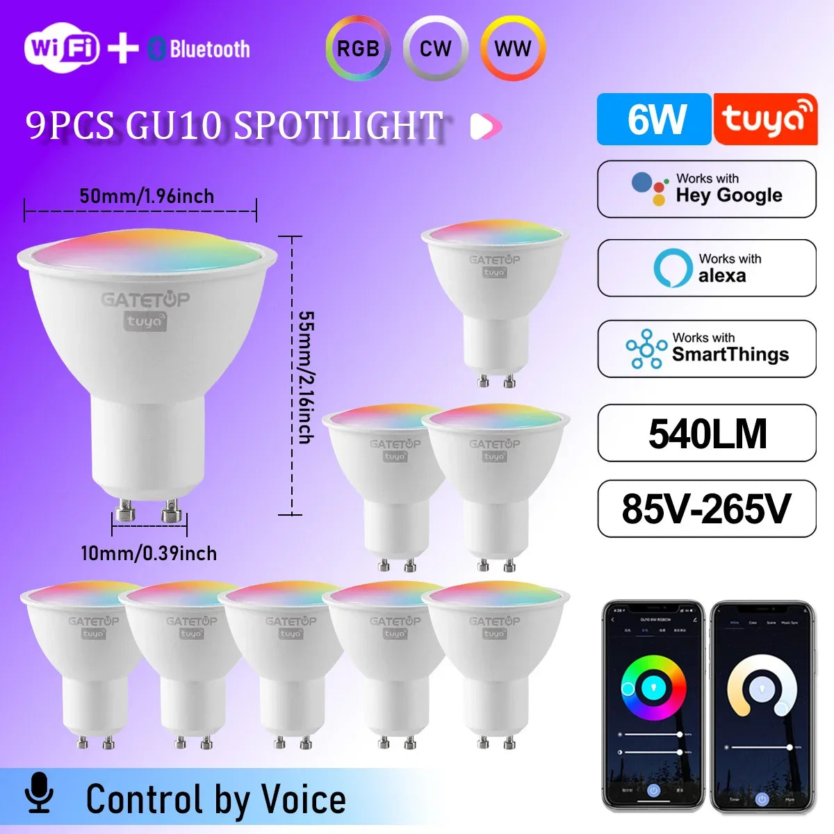 Tuya WiFi GU10 Smart Spotlight — Dimmable, Alexa & Google Compatible