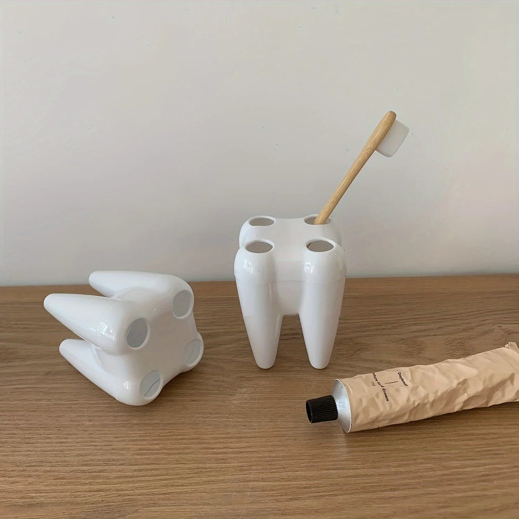 Tooth-Shaped Plastic Toothbrush Holder — Freestanding Bathroom Organizer