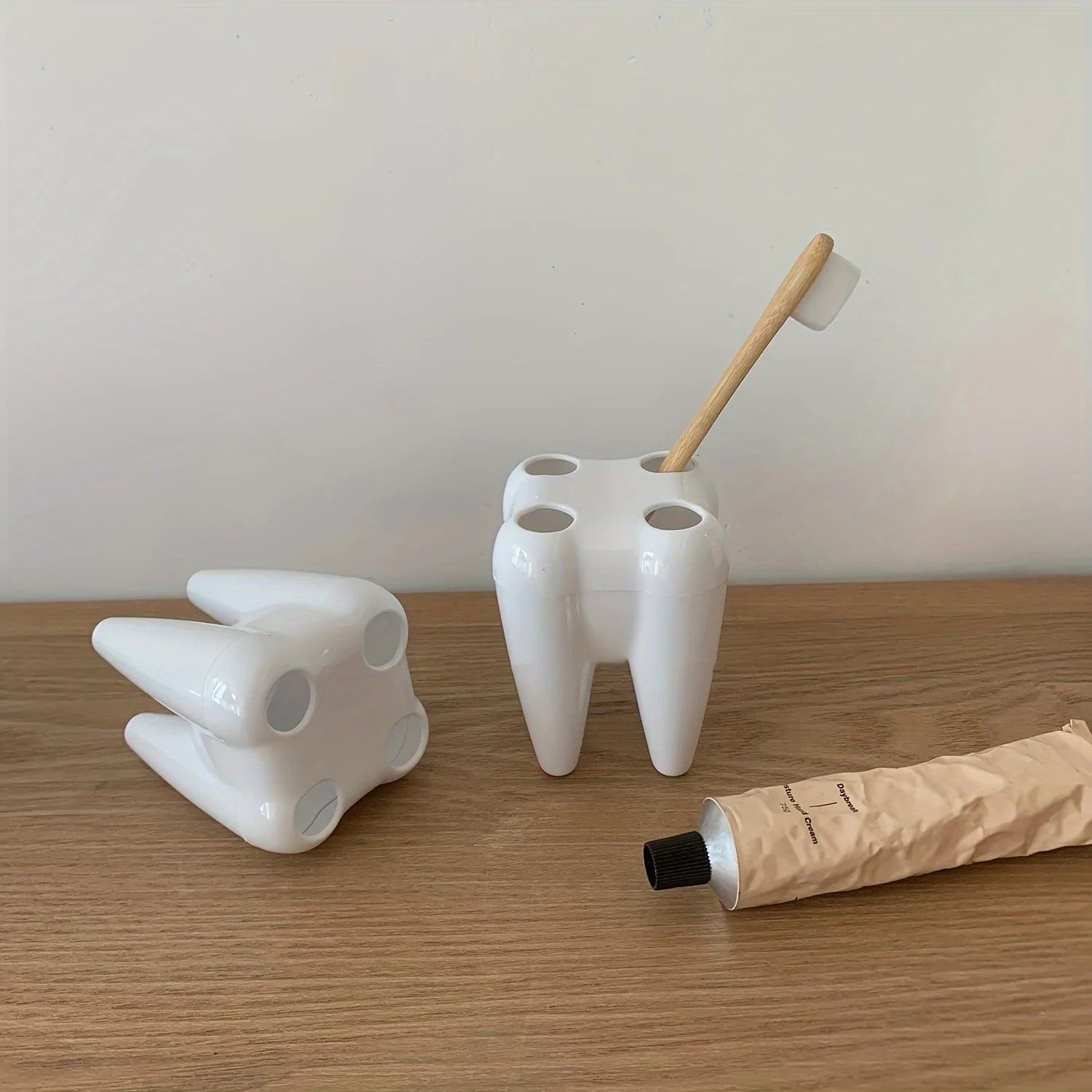 Tooth-Shaped Plastic Toothbrush Holder — Freestanding Bathroom Organizer