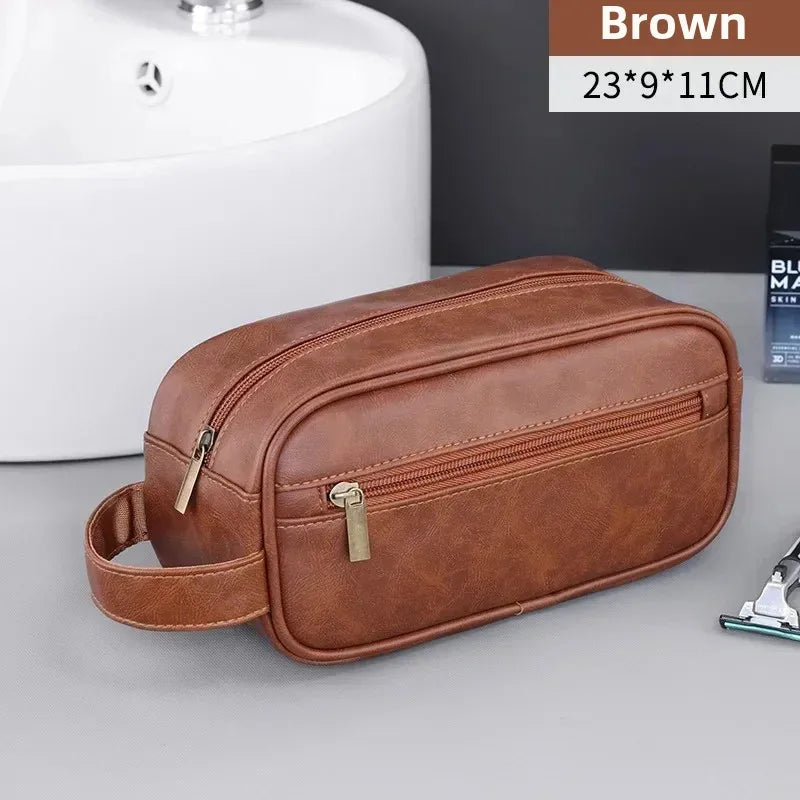 PU Leather Hanging Toiletry Bag — Multi-Pocket, Dry-Wet Separation, 28×18×15cm