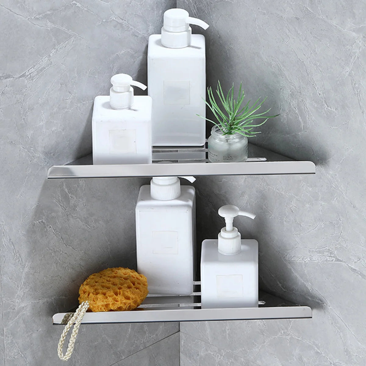 304 Stainless Steel Corner Shower Shelf — No-Drill, Double Tier, 31×21cm