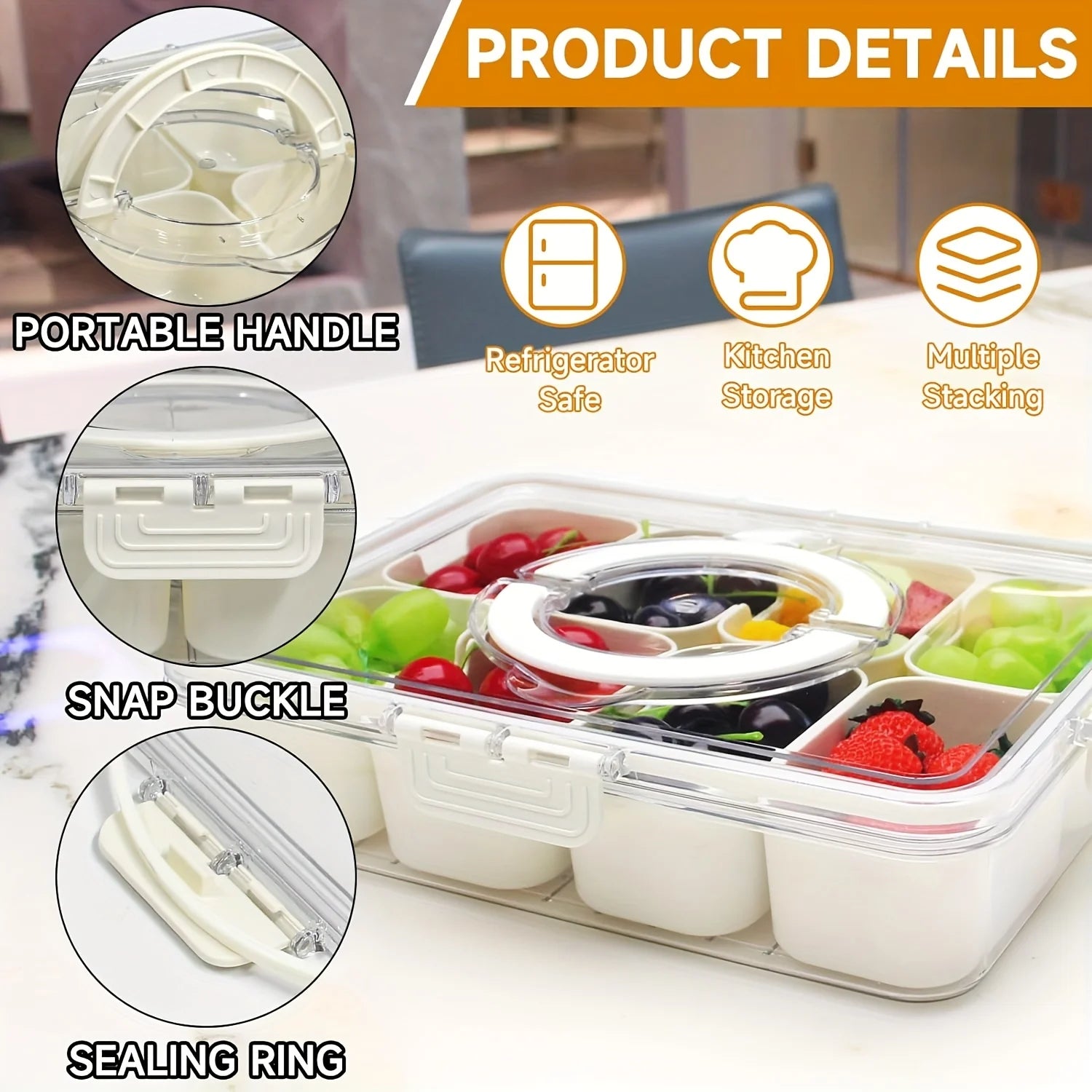 8-Grid Divided Serving Tray with Lid — for Snacks, Fruit & Fridge Storage
