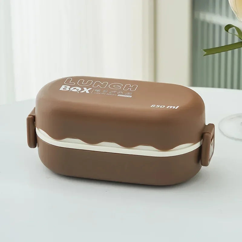 Double-Layer Compartment Lunch Box with Spoon — Leakproof, Microwavable