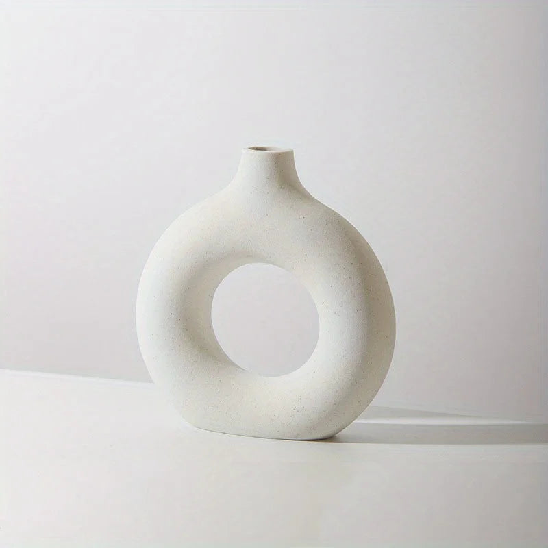 White & Beige Ceramic Donut Vase — Modern Boho Home Decor