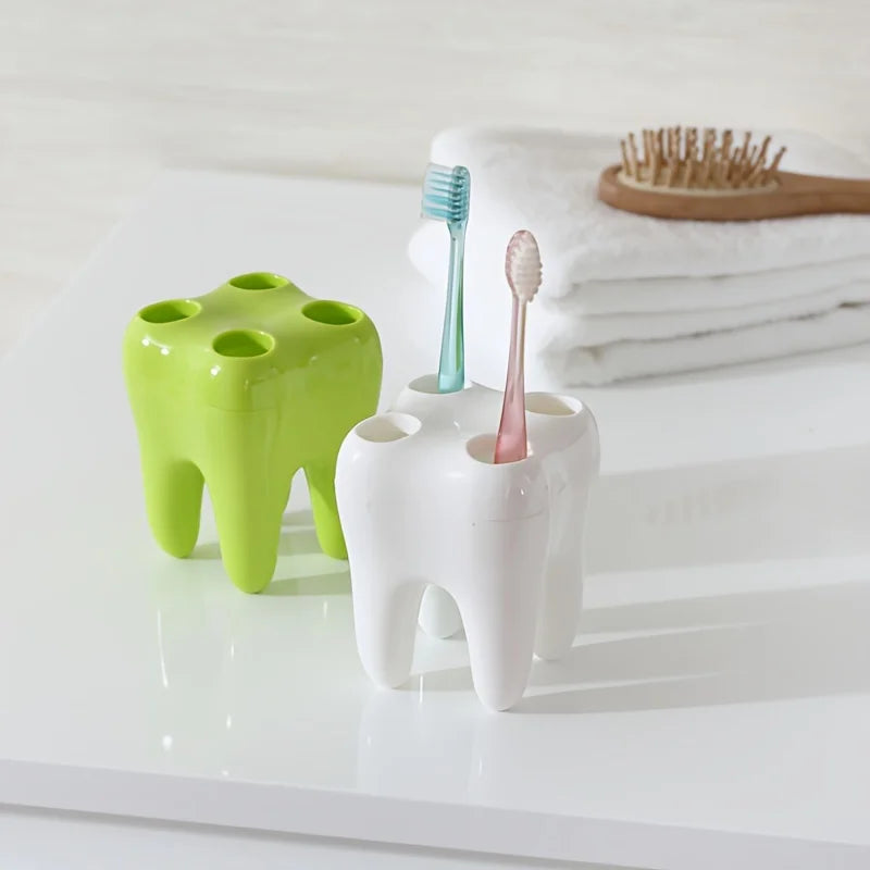 Tooth-Shaped Plastic Toothbrush Holder — Freestanding Bathroom Organizer