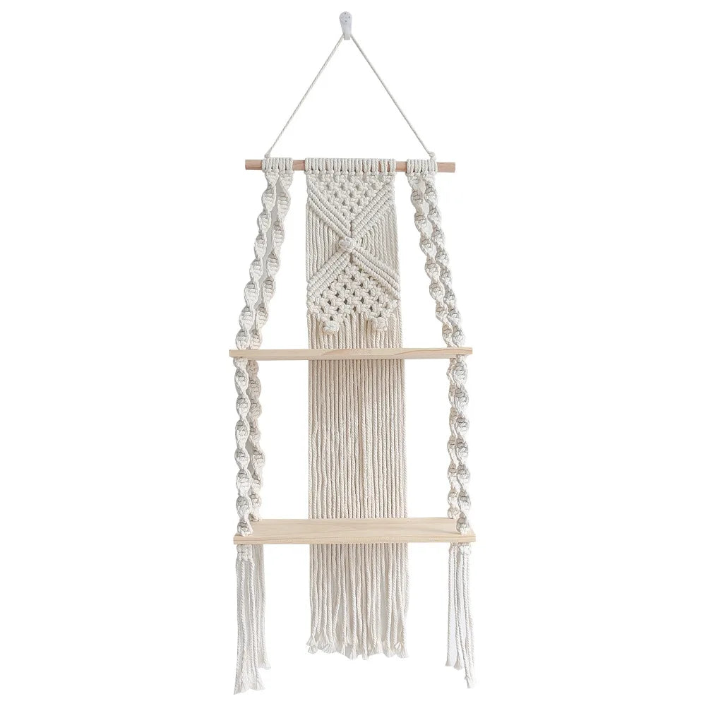 Boho Macrame Wall Hanging Shelf — Wood & Polyester Floating Shelf