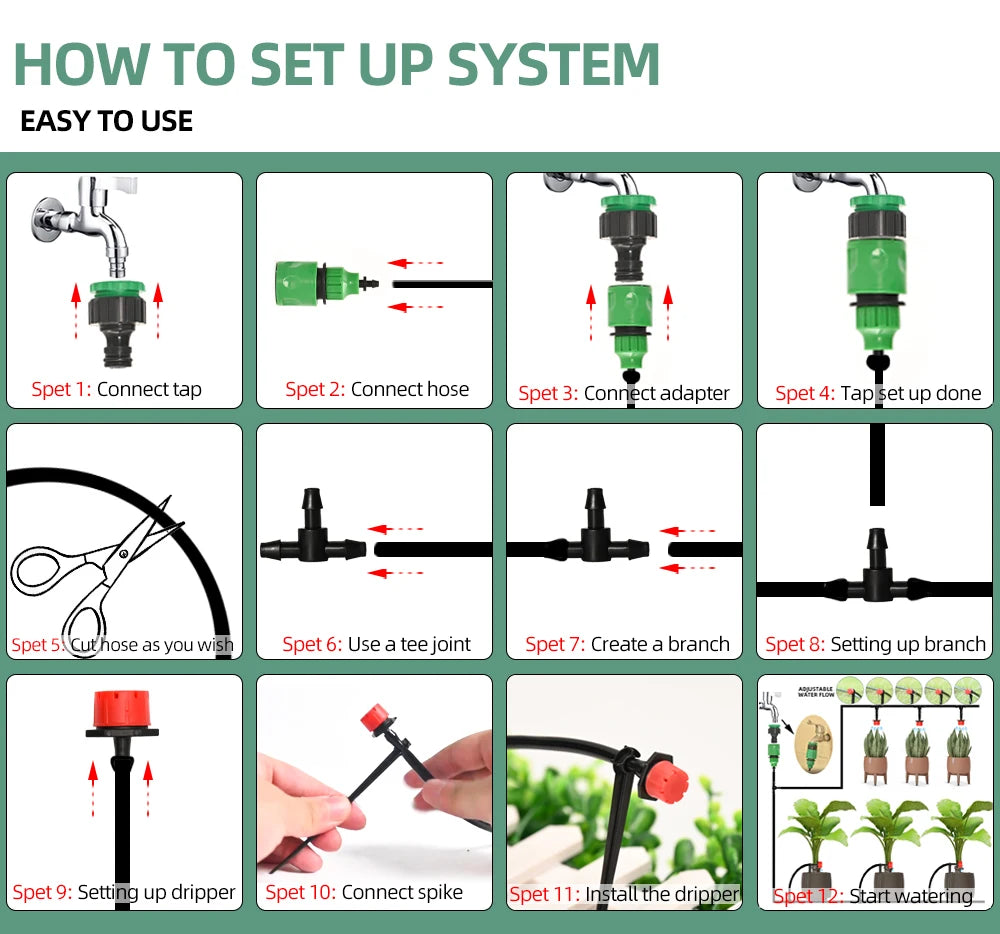 Drip Irrigation System with Adjustable Drippers & Timer – Micro Garden Watering Kit (5–60 m)