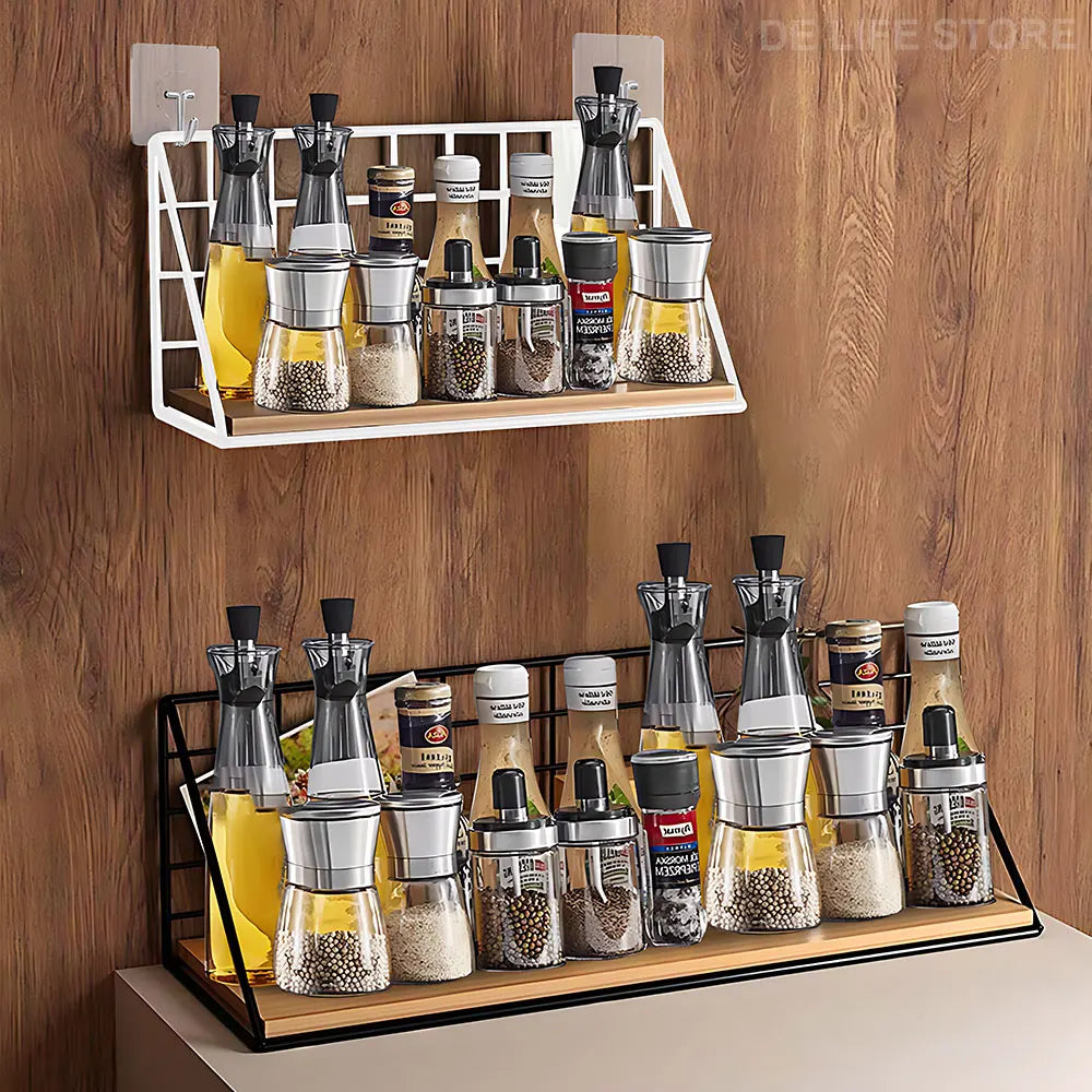 Metal & Wood Wall Spice Shelf — Kitchen Organizer, Modern Design
