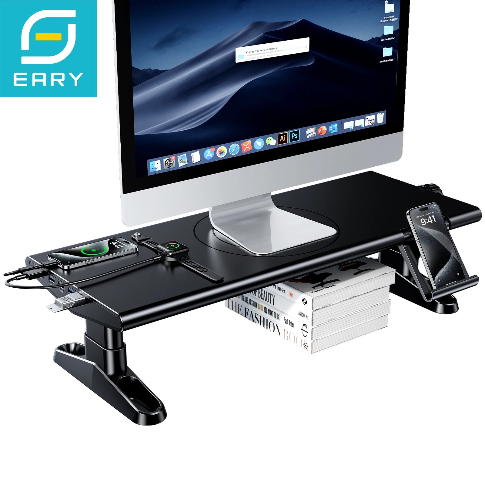 Height-Adjustable Monitor Stand Riser with USB Hub & Phone Holder