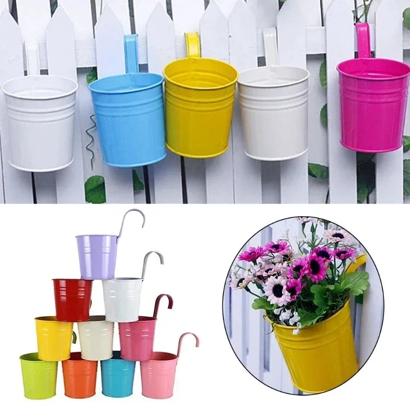 Metal Iron Hanging Flower Pot – Colorful Balcony Bucket Planter (10 Colors)