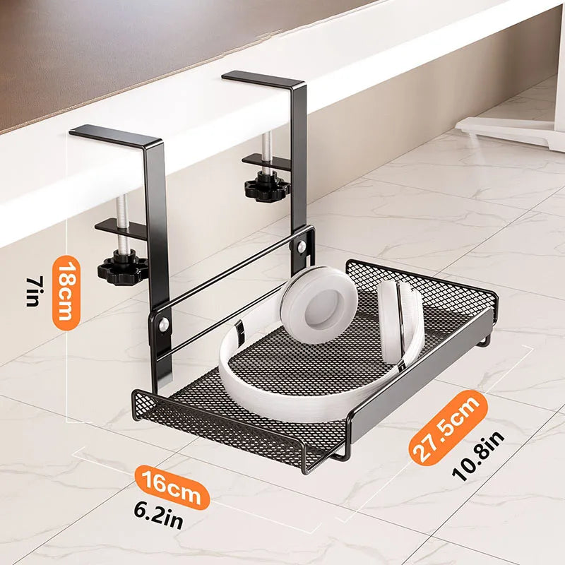 Under-Desk Carbon Steel Cable Management Rack — No-Drill Hook Mount