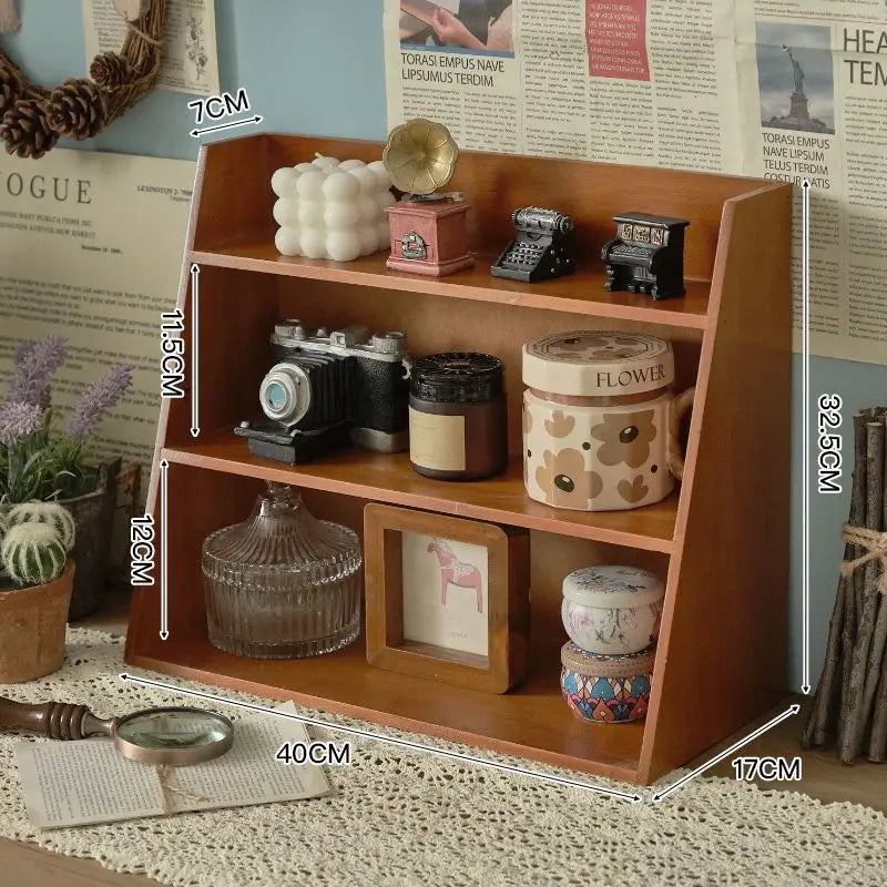 Solid Wood Retro Desktop Organizer — Multi-Layer Storage Rack
