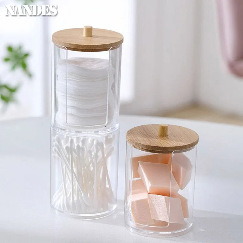 Acrylic Cotton Pad & Swab Dispenser with Bamboo Lid — Stackable Bathroom Jar