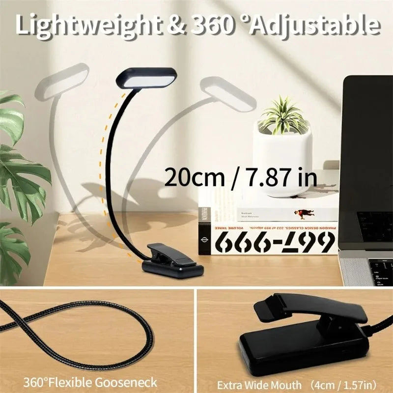 USB Rechargeable Clip-On Book Light – 5W Dimmable, 360° Flexible Neck