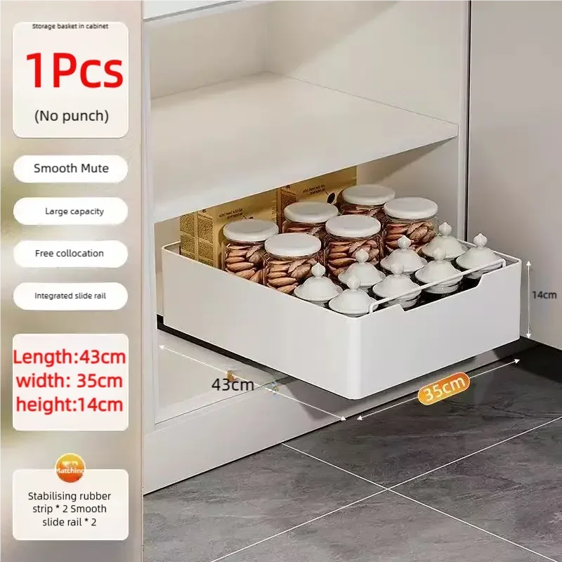Pull-Out Cabinet Storage Rack with Slide Rails — No-Drill, Smooth & Quiet