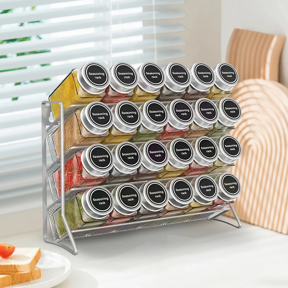 4-Tier Carbon Steel Spice Rack — Desktop or Wall-Mount, No-Drill