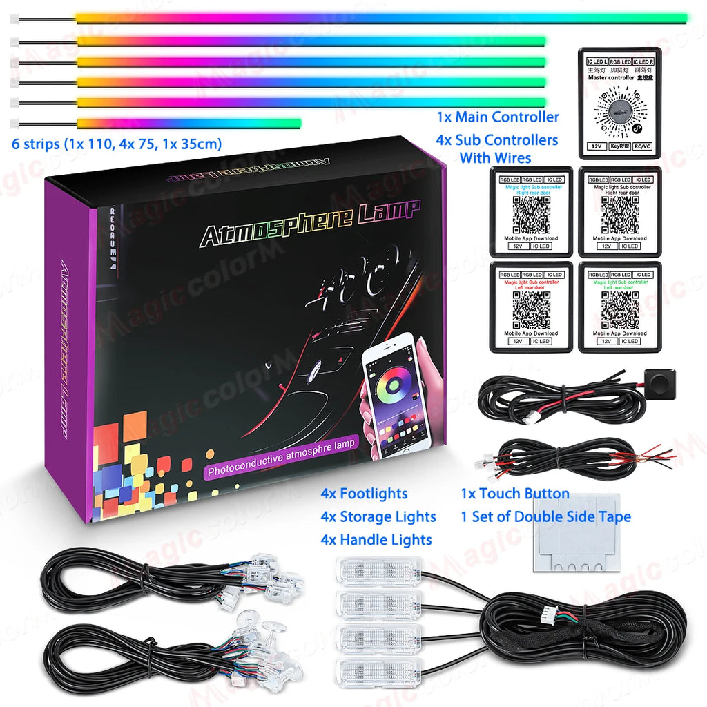 RGB Car Ambient Light Kit — Bluetooth, App Control, 64 Colours