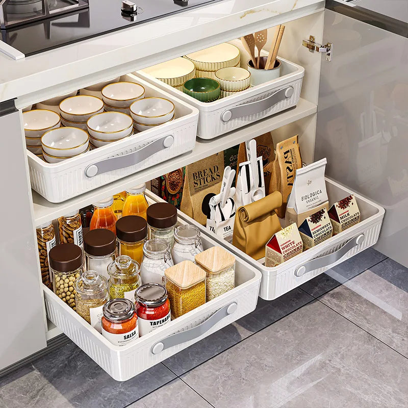 Kitchen Sliding Drawer Cabinet Organizer with Handle — No-Drill, Multipurpose