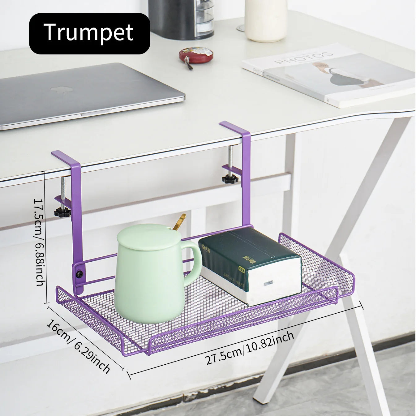 Under-Desk Carbon Steel Cable Management Rack — No-Drill Hook Mount