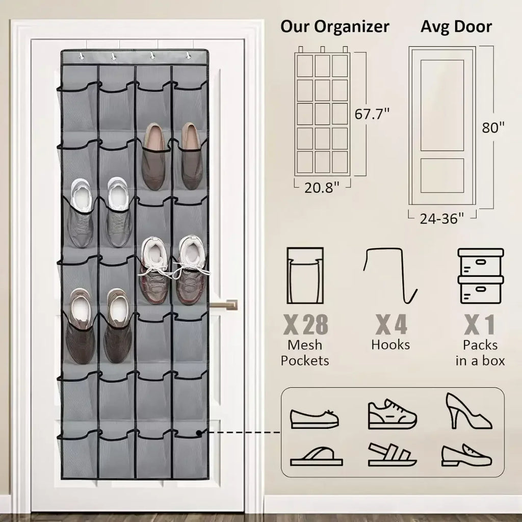 Over-Door Mesh Shoe Organizer — 14, 24 or 40 Grid Pockets, Foldable