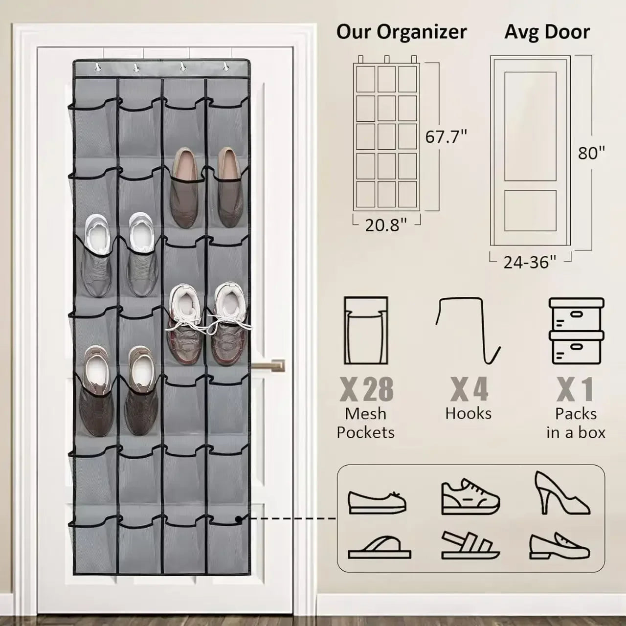 Over-Door Mesh Shoe Organizer — 14, 24 or 40 Grid Pockets, Foldable