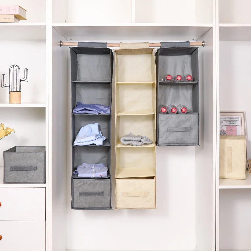 Cotton Linen Hanging Wardrobe Organizer with Drawers — Foldable Closet Shelves