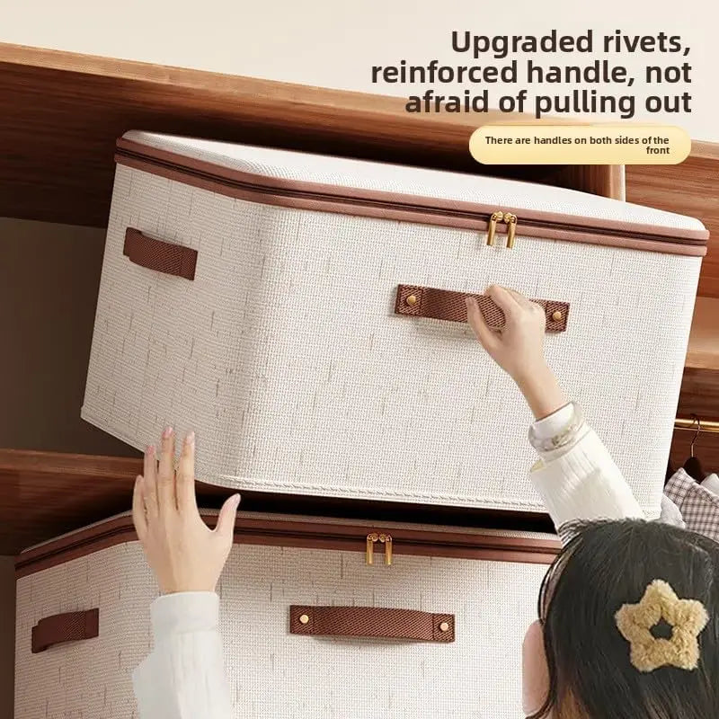 Zipped Cotton Linen Storage Box with Leather Handle