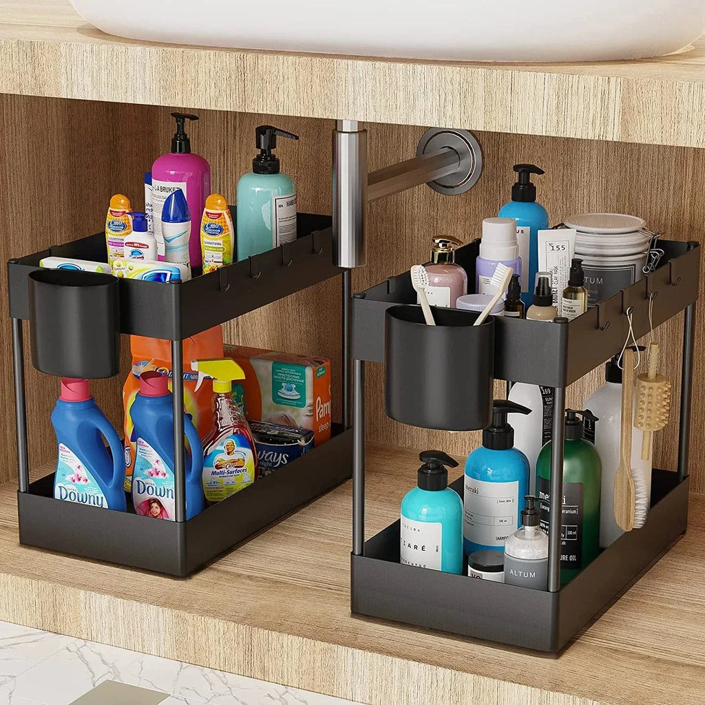 2-Tier Under Sink Organizer with Hooks & Cup Holder