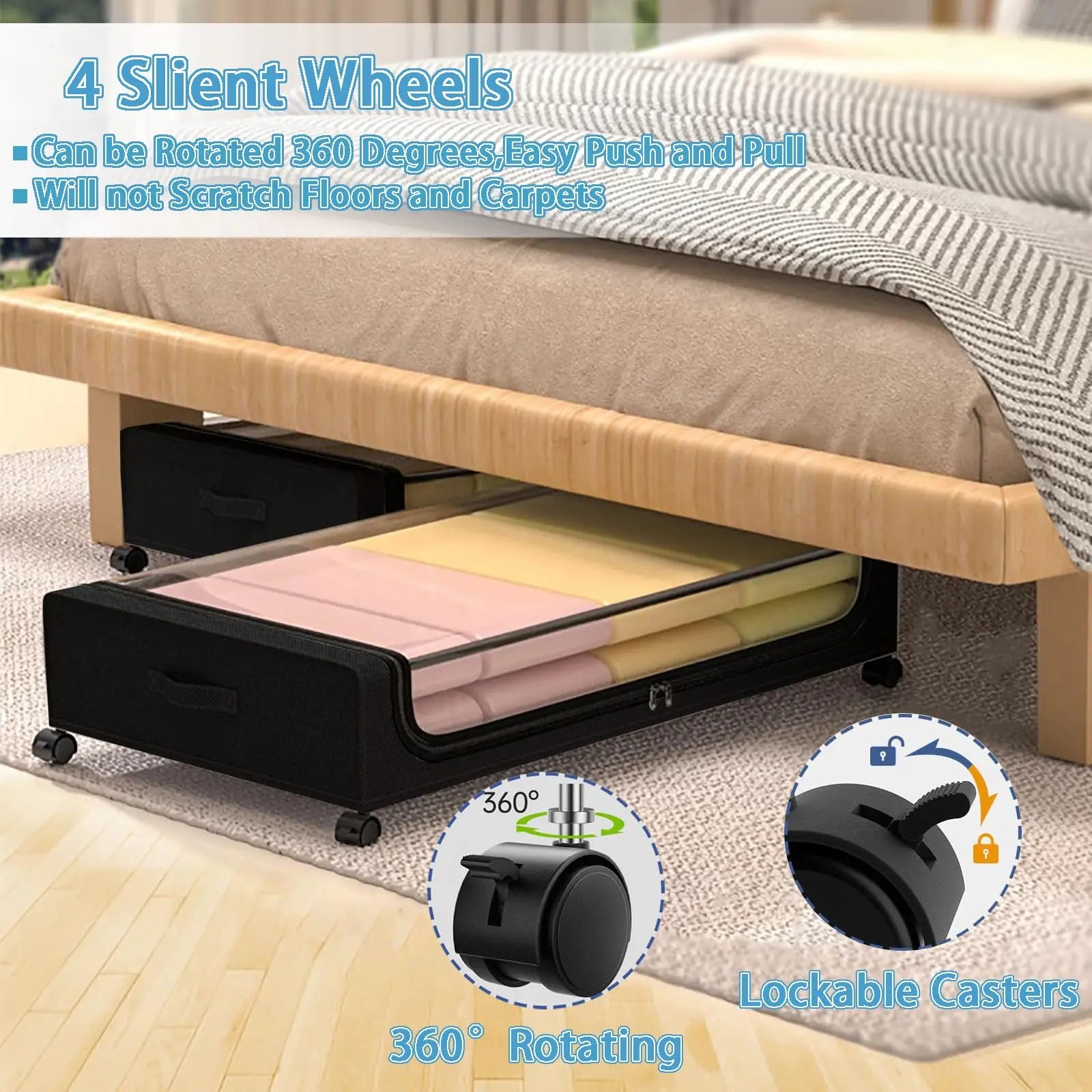 Under-Bed Storage Containers with Wheels & Clear Lids — Set of 2 (48L each)