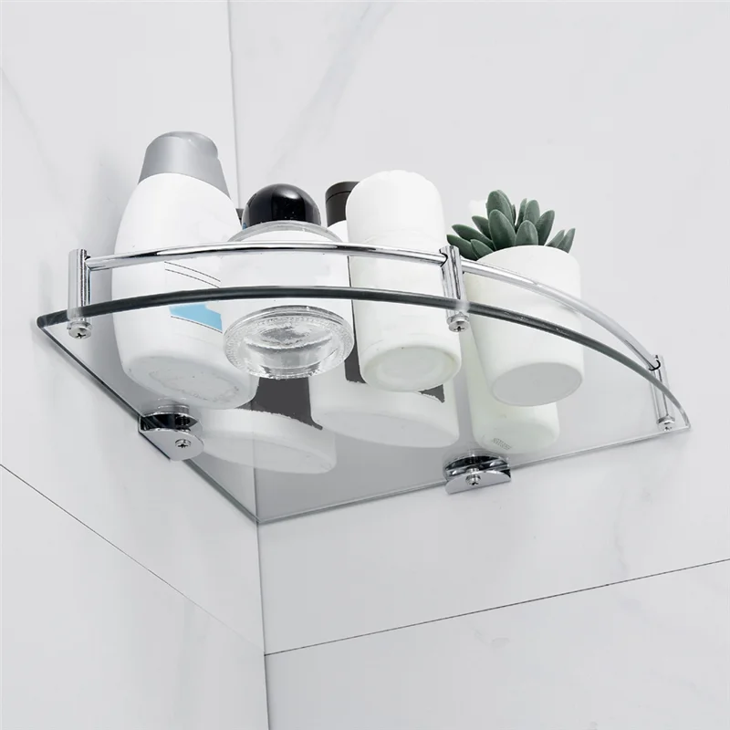 Tempered Glass Triangle Corner Shelf — Wall-Mounted Bathroom Storage, 24×24cm