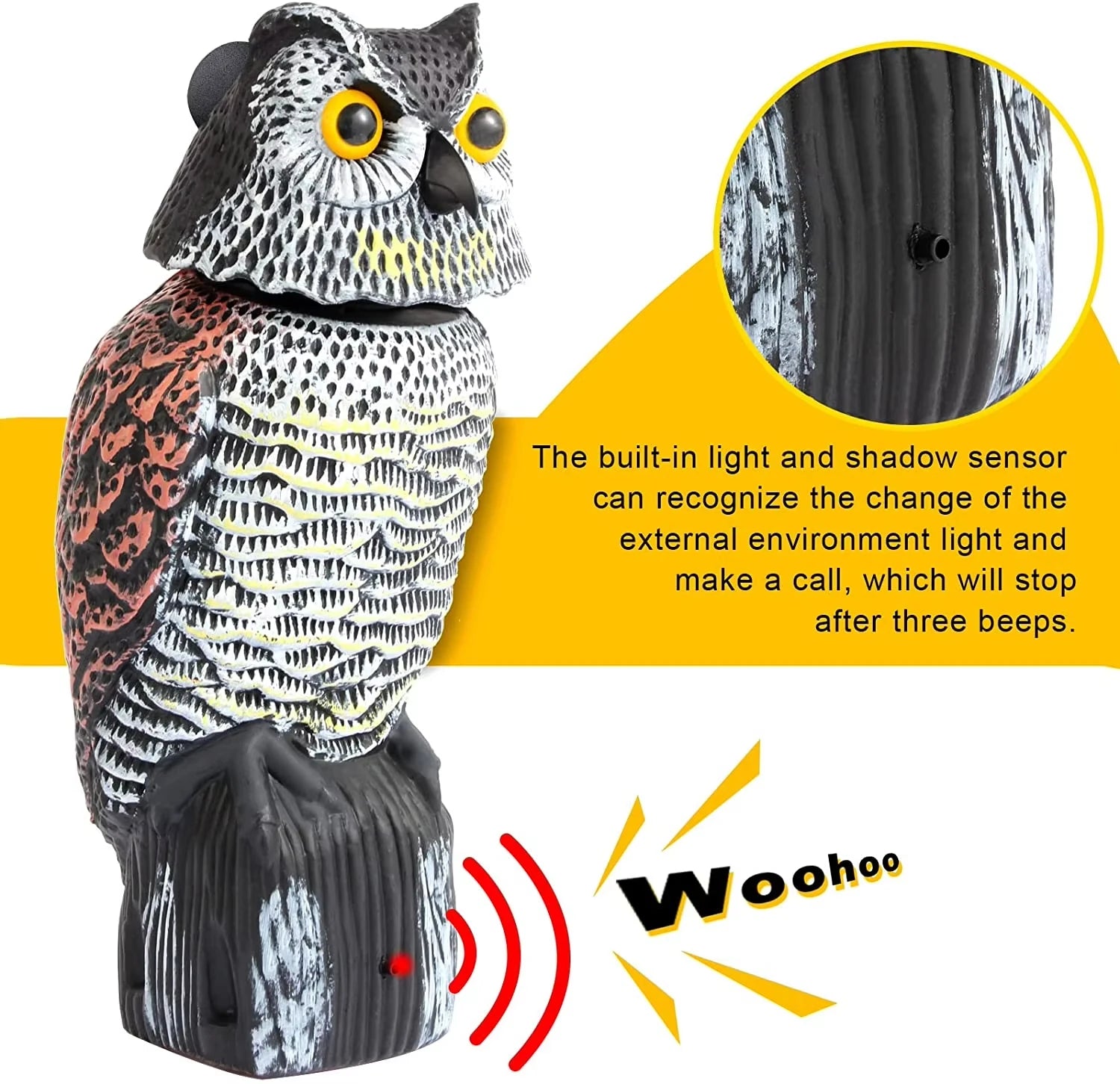 Realistic Owl Decoy Scarecrow — Rotating Head & Sound, Garden Bird Repellent
