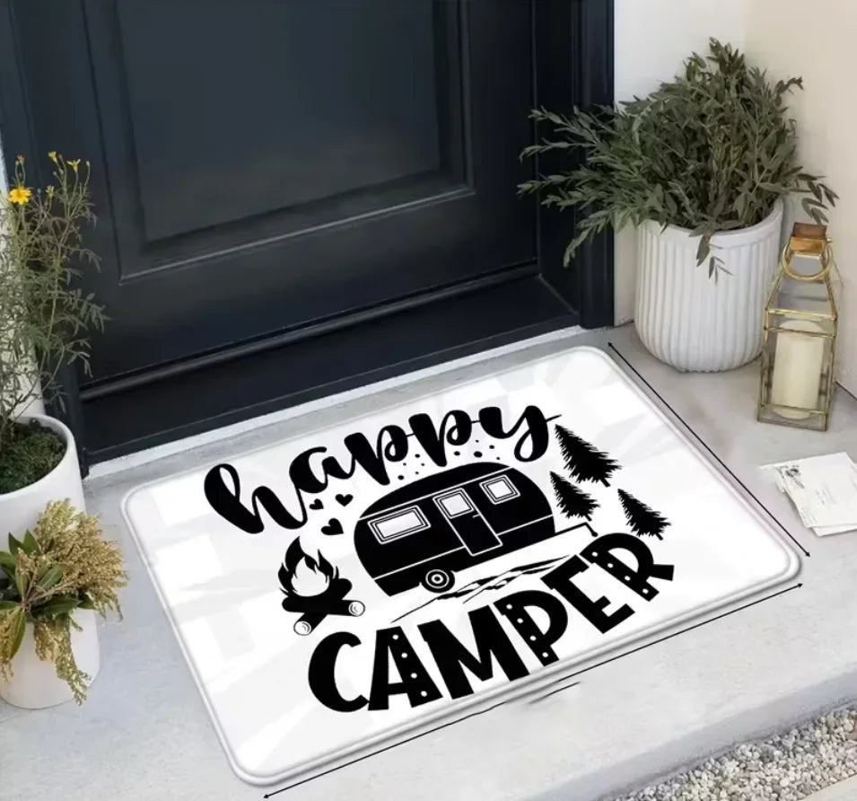 Happy Camping Door Mat – Anti-Slip Polyester Rug 30–50cm Indoor & Outdoor