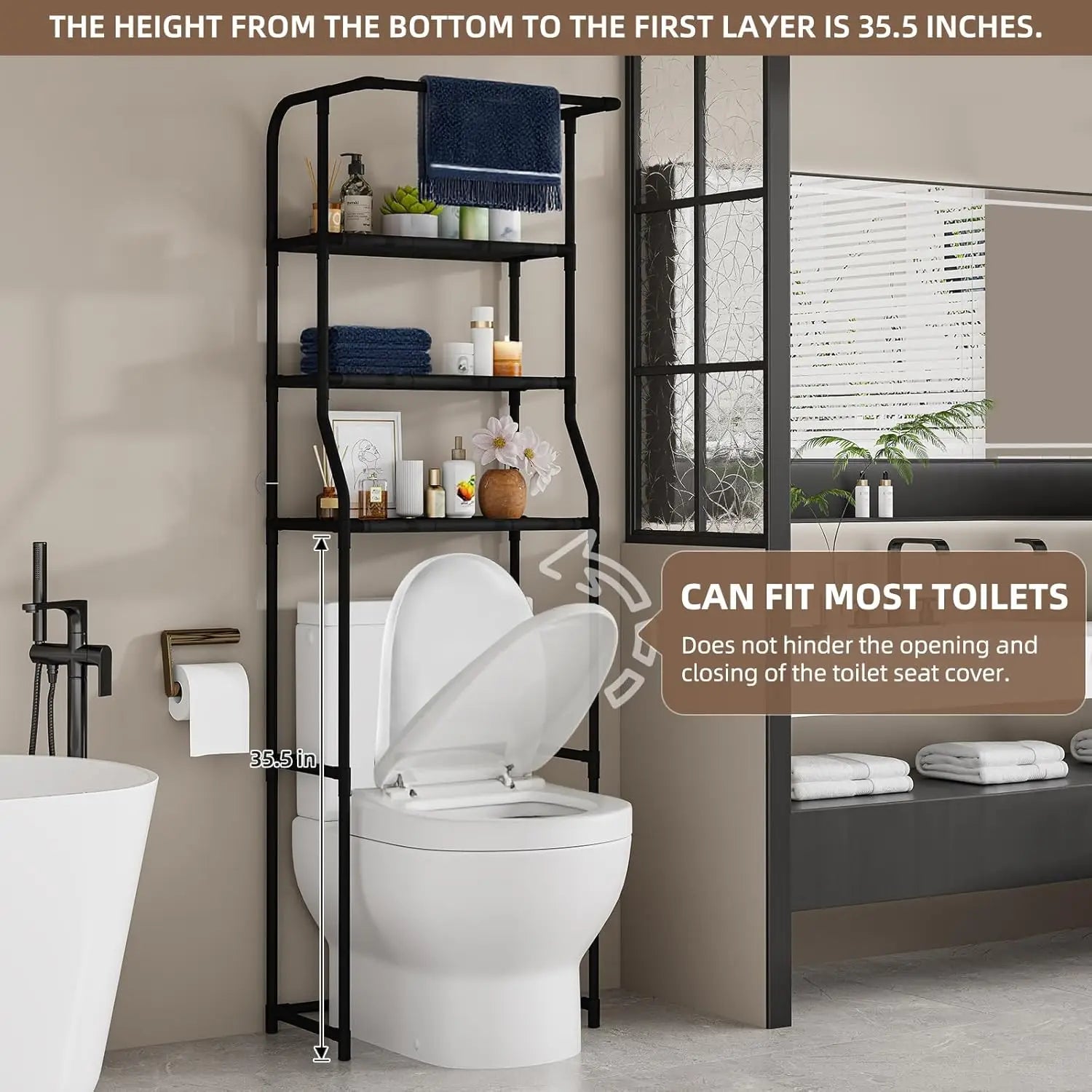Over-Toilet 3-Tier Storage Shelf with Towel Rack — Freestanding Bathroom Organizer