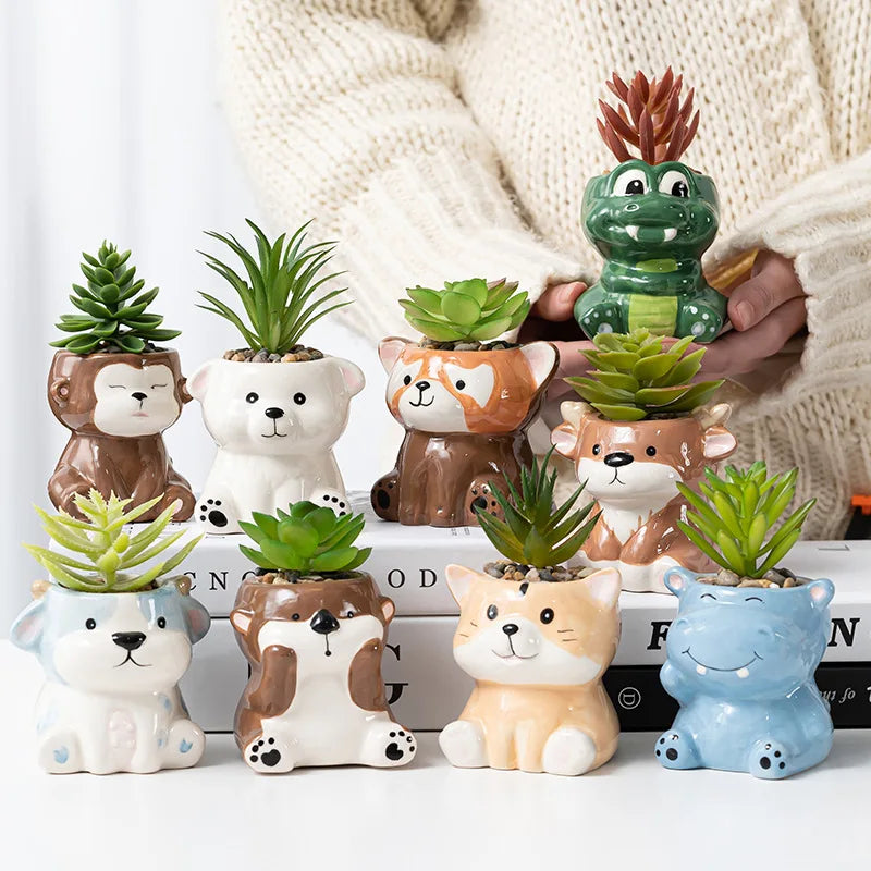 Cartoon Animal Ceramic Flower Pot – Cute Dog & Tiger Desktop Planter