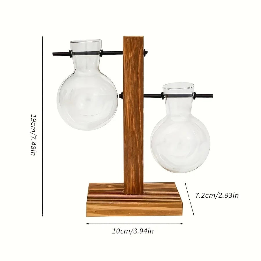 Vintage Bulb Glass Hydroponic Vase with Wooden Stand — Desktop Plant Terrarium
