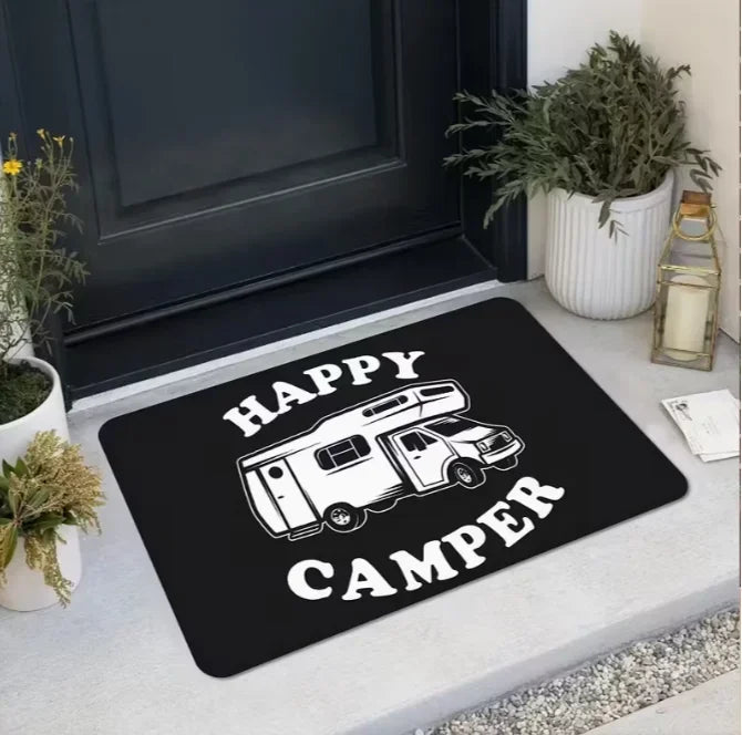 Happy Camping Door Mat – Anti-Slip Polyester Rug 30–50cm Indoor & Outdoor