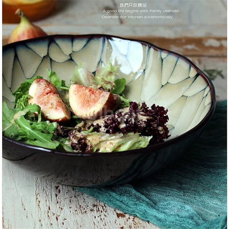 Large Underglaze Ceramic Noodle Bowl — Japanese Style, Floral Pattern