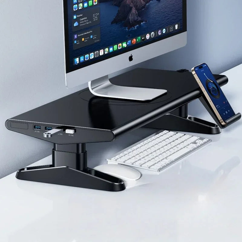 Height-Adjustable Monitor Stand Riser with USB Hub & Phone Holder