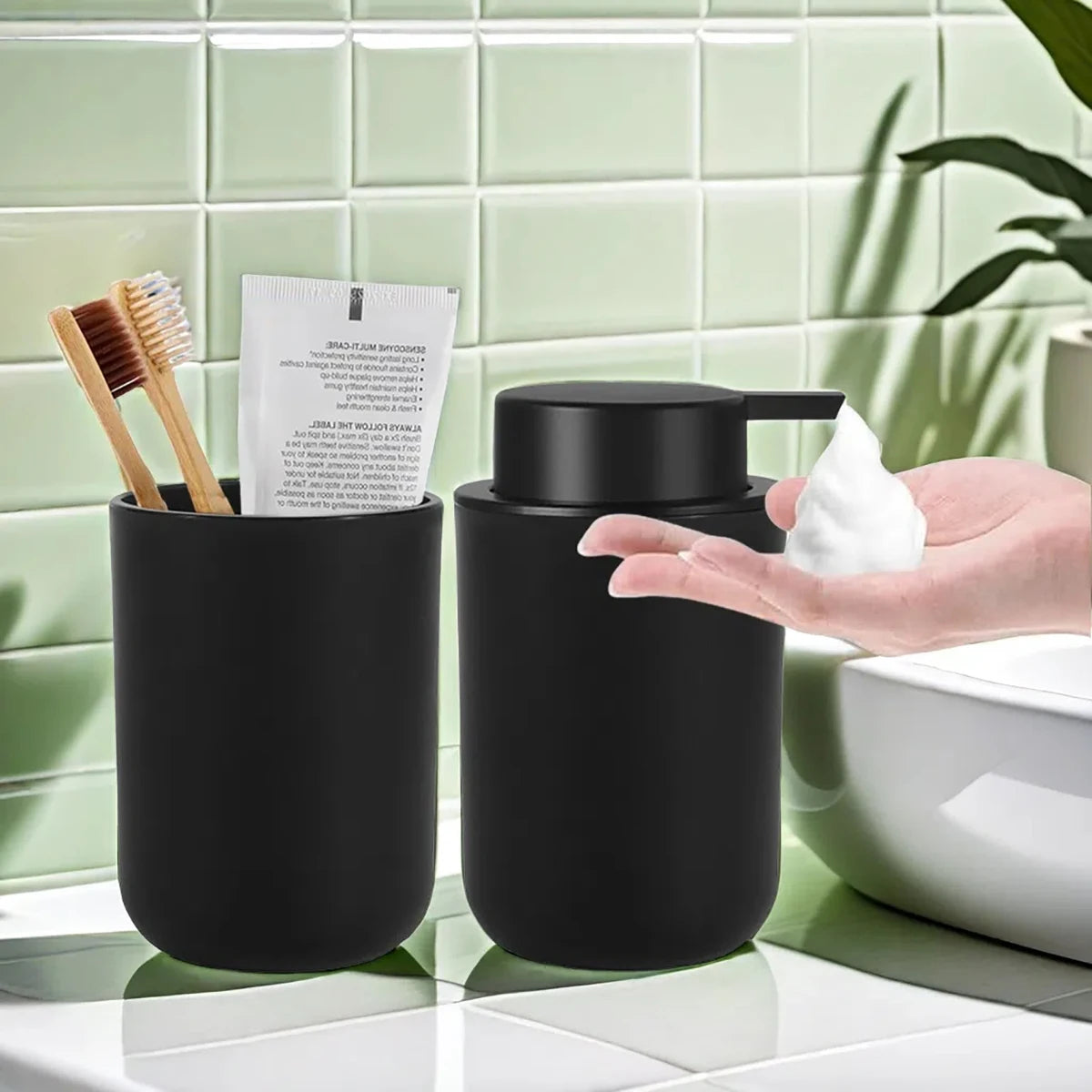 Refillable Foam Soap Dispenser with Mouthwash Cup — Plastic, Black or White