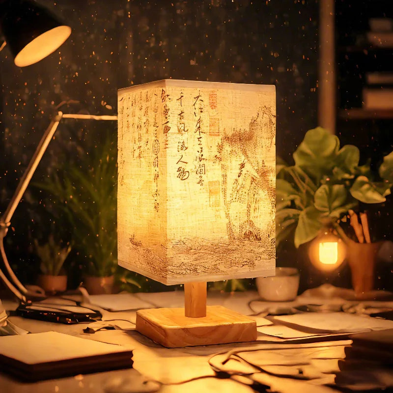 Chinese-Style Wood & Linen Bedside Lamp — Dimmable, USB Powered