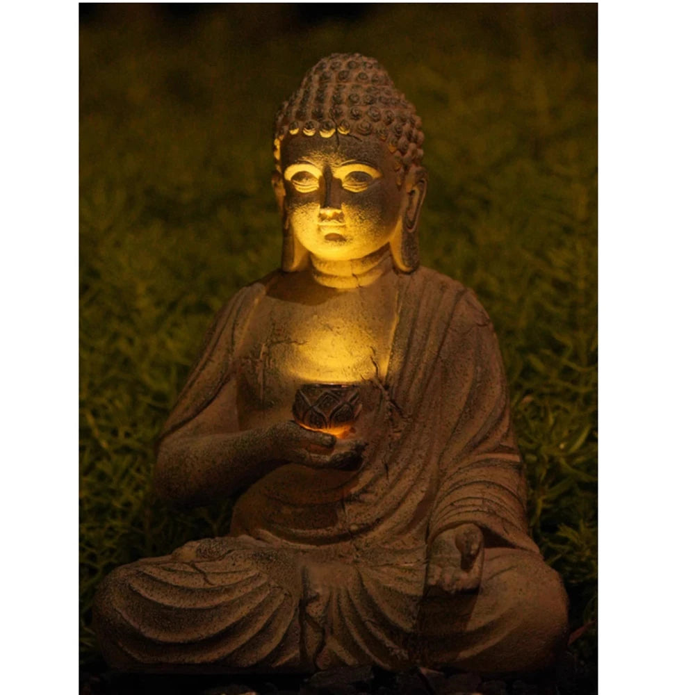 Solar Meditating Buddha Resin Statue — Zen Garden & Indoor Decor