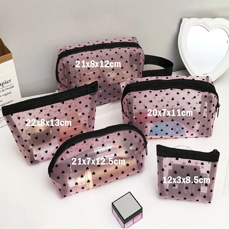 Transparent Mesh Makeup Bag — Heart Detail, Zipper Cosmetic Pouch, 12×8.5cm