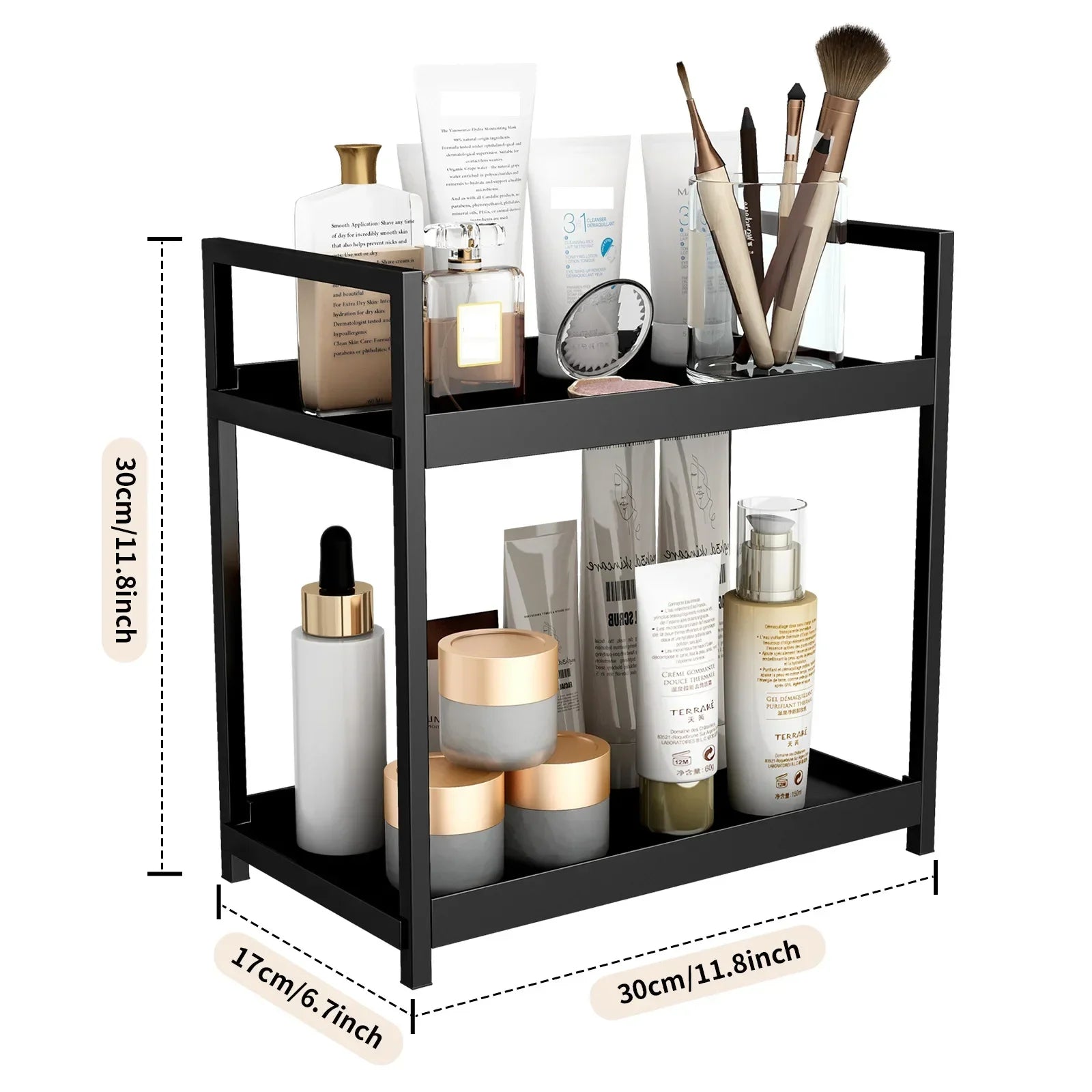 2-Tier Under-Sink Sliding Cabinet Organizer with Hooks — White or Black