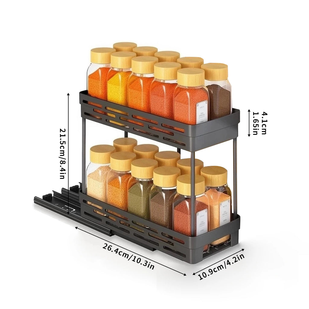 Pull-Out 2-Layer Spice & Seasoning Rack — Large Capacity, Cabinet Shelf