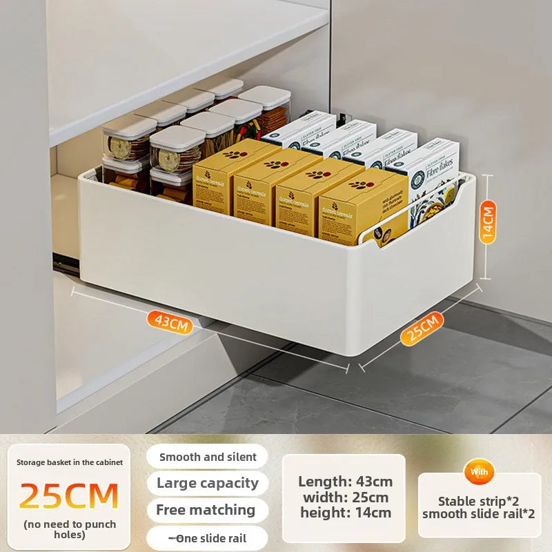 Pull-Out Cabinet Storage Rack with Slide Rails — No-Drill, Smooth & Quiet