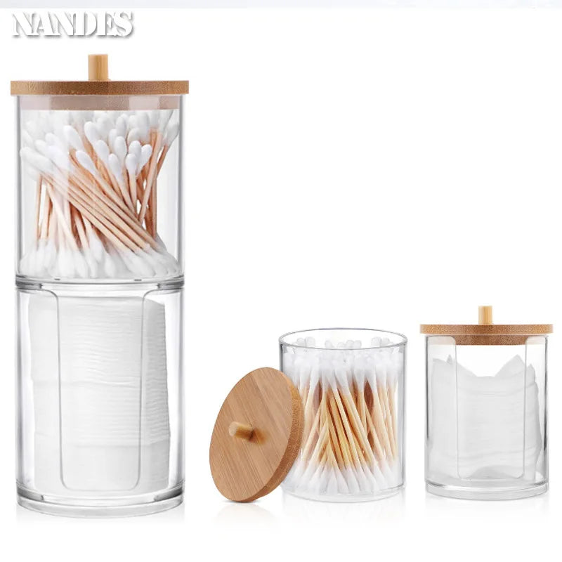 Acrylic Cotton Pad & Swab Dispenser with Bamboo Lid — Stackable Bathroom Jar