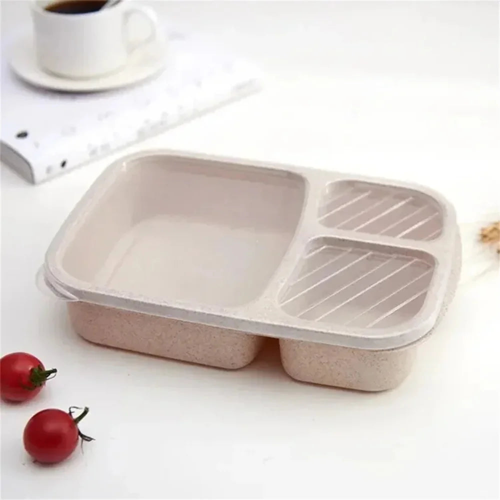 Wheat Straw Bento Lunch Box — 3 Compartments, Leakproof, Microwave Safe