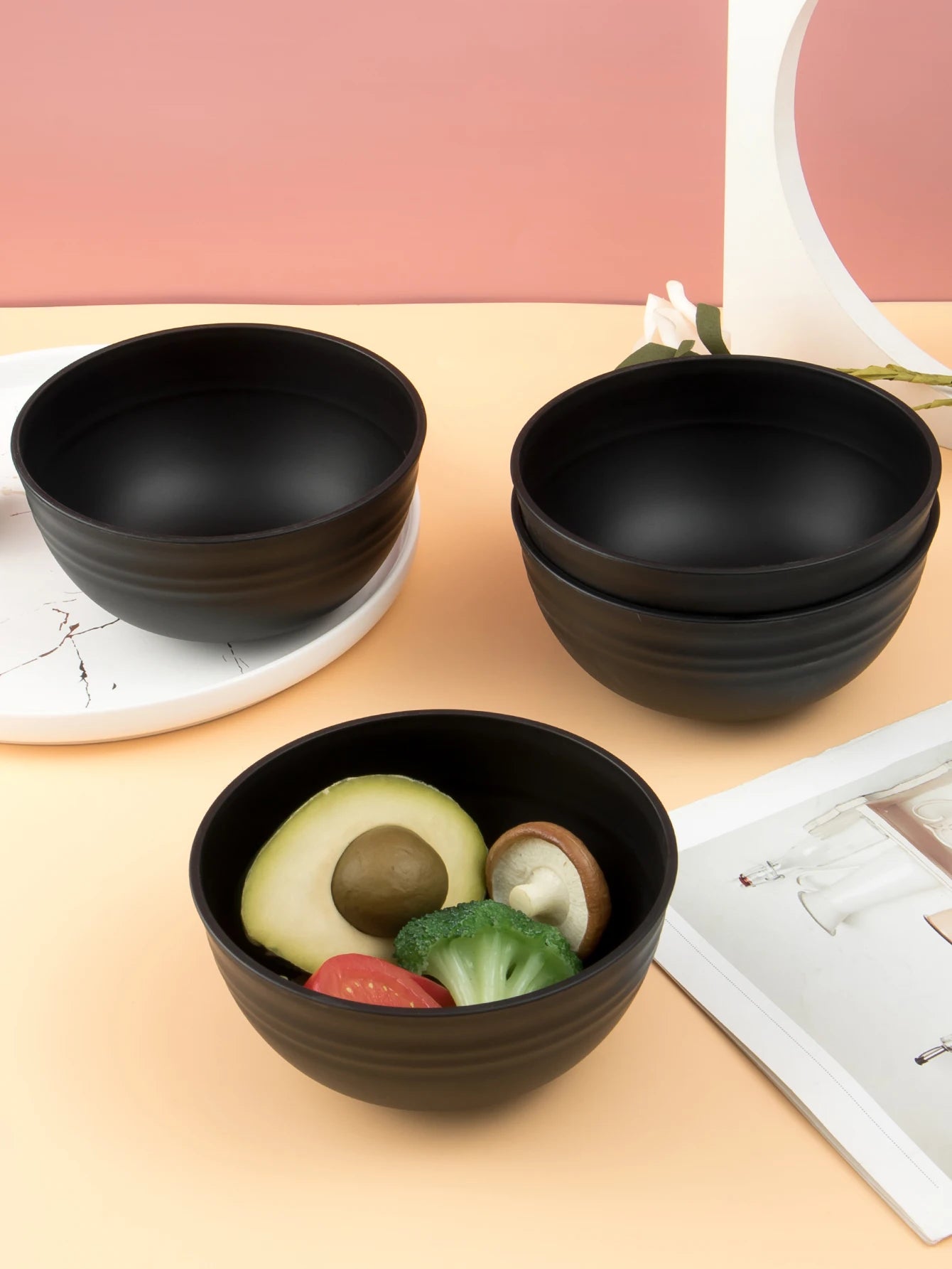 Black Grain Reusable Plastic Dinner Bowls — Set of 4, 6 or 8